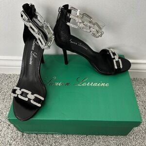 Lauren Lorraine Farla Black Embellished Kitten Heels Size‎ 7.5M Black Stiletto